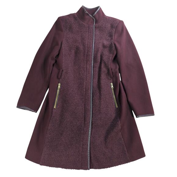 Vince Camuto Wool Blend Coat M Burgundy Zip Up Long Jacket Faux Leather Trim - Picture 1 of 14
